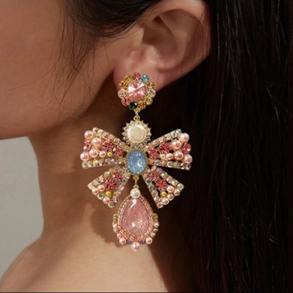 🌟 Pink Rhinestone Bowknot Big Drop Earrings - Picture 5 of 12